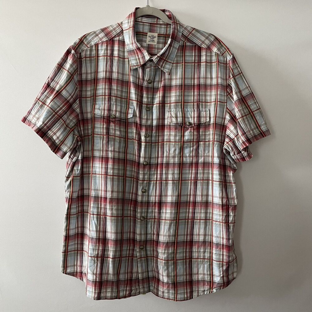Old Navy Men's Plaid Button Up Shirt Red Blue Cotton Short Sleeve Size XL